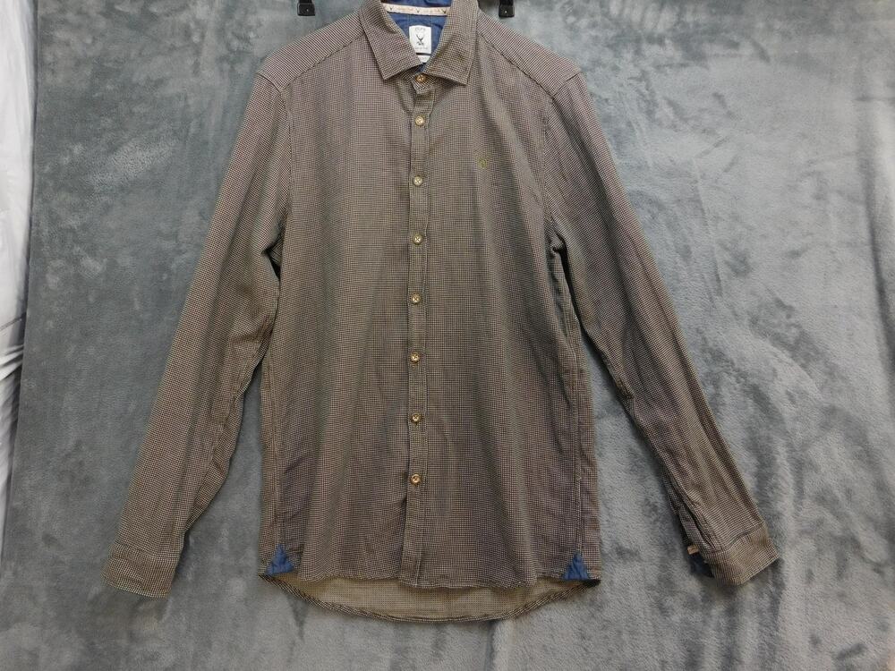 Pure Shirt Mens M Brown Check Long Sleeve Button Up Slim Cotton Embroidered